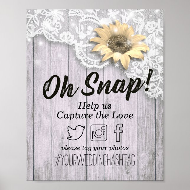 Póster Boda Snap Hashtag Lace Sunflower Wood Lights (Frente)