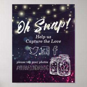 Póster Boda Snap Hashtag Mason Jar Purple String Light