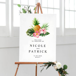 Póster Boda Tropical con Piña al Acuarela y Verdor