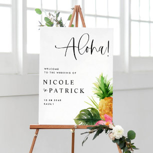 Póster Boda Tropical con Piña y Hibisco al Acuarela