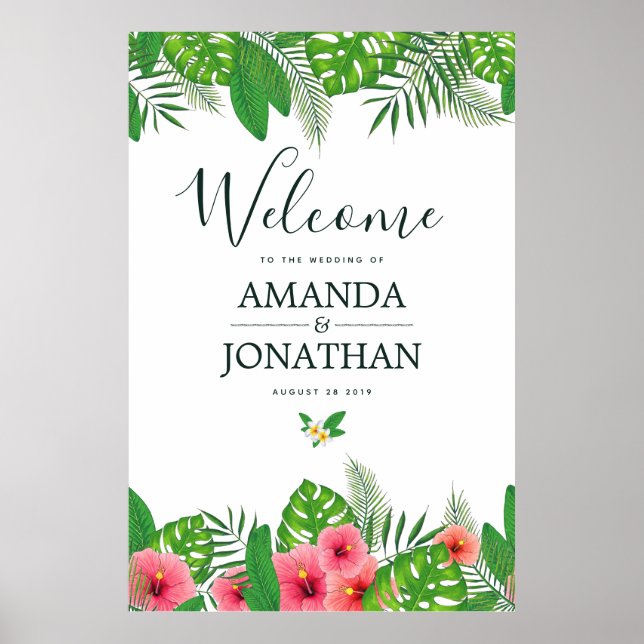 Póster Boda tropical de acuarela Bienvenida (Frente)