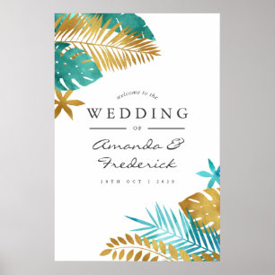 Póster Boda Tropical de Bienvenida en Verde Azul y Dorado