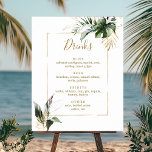 Póster Boda Tropical Foliage Gold Bar Bebe Rótulo de menú<br><div class="desc">Este bar boda bebe el cartel del menú con un pintoresco follaje tropical de color agua verde,  monstera,  hojas de palmera,  hojas de plátano y falsas hojas de oro con un falso marco rectangular de oro. Es perfecto para una boda tropical,  de playa o de destino.</div>