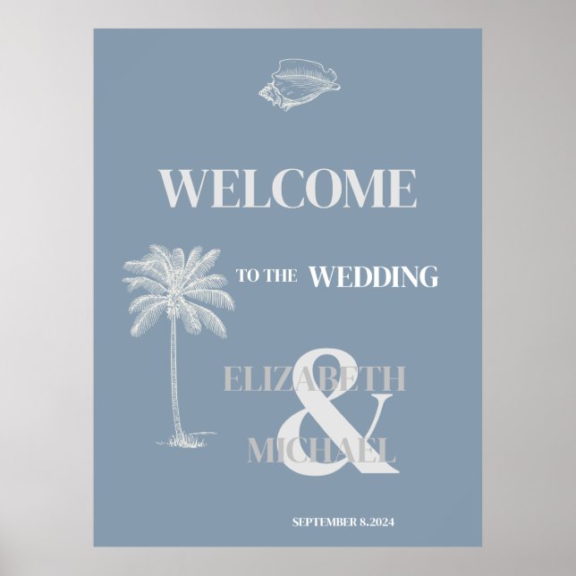 Póster Boda tropical minimalista Dusty Blue (Frente)
