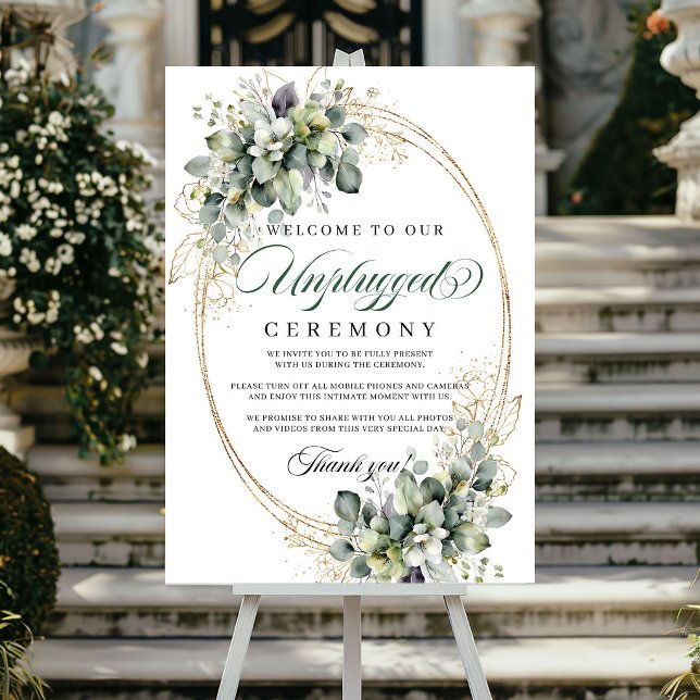 Póster Boda Verde Blanco Botánico Desconectado Ceremonia  (Botanical Green White Unplugged Ceremony Wedding Poster)