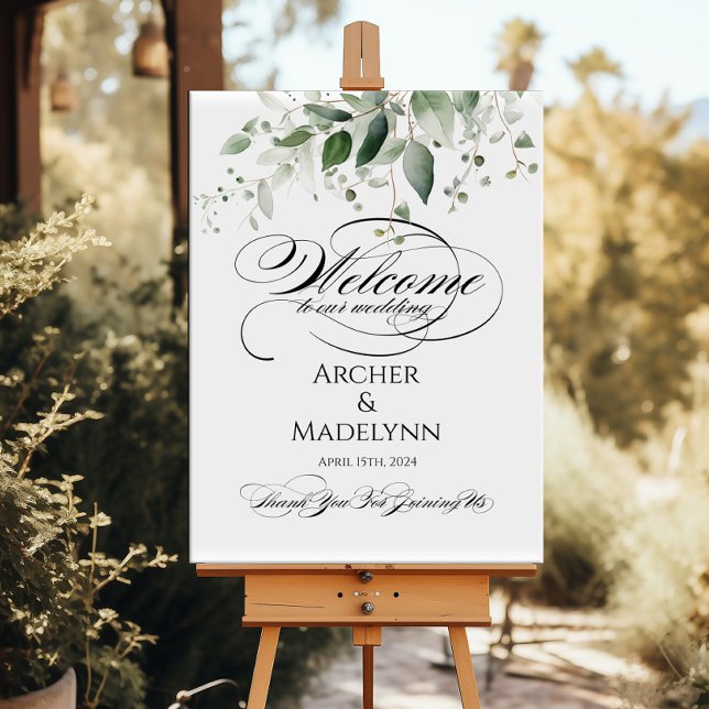 Póster Boda verde seña de bienvenida elegante caligrafía (Subido por el creador)