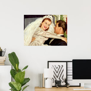 Póster Boda Vintage, recién casados, novia feliz y novio