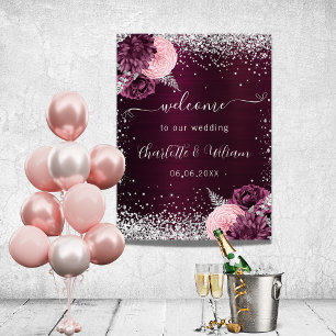 Póster Bodas de bienvenida con flores rosadas plateadas d