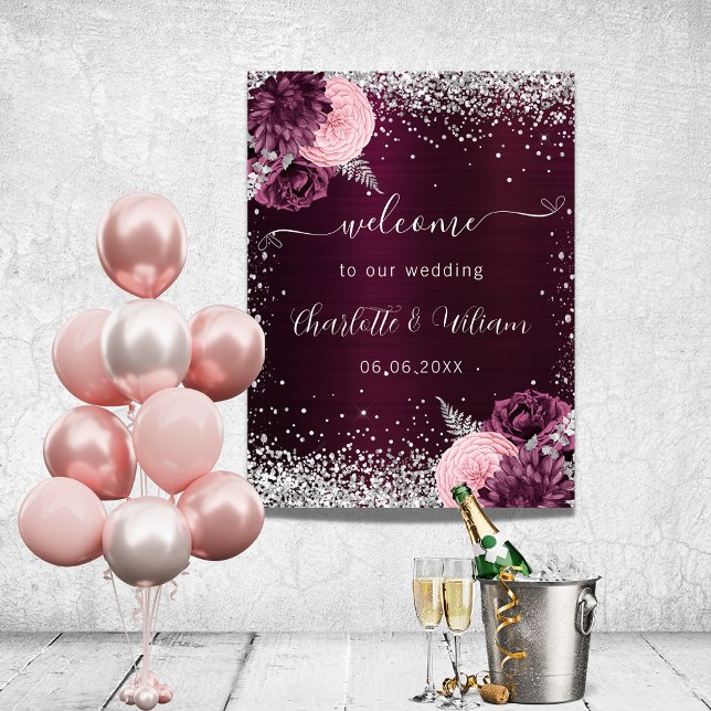 Póster Bodas de bienvenida con flores rosadas plateadas d (Subido por el creador)