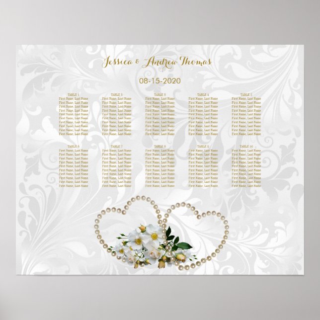 Póster Bodas de Damasco de Perlas Corazones y Flores (Frente)