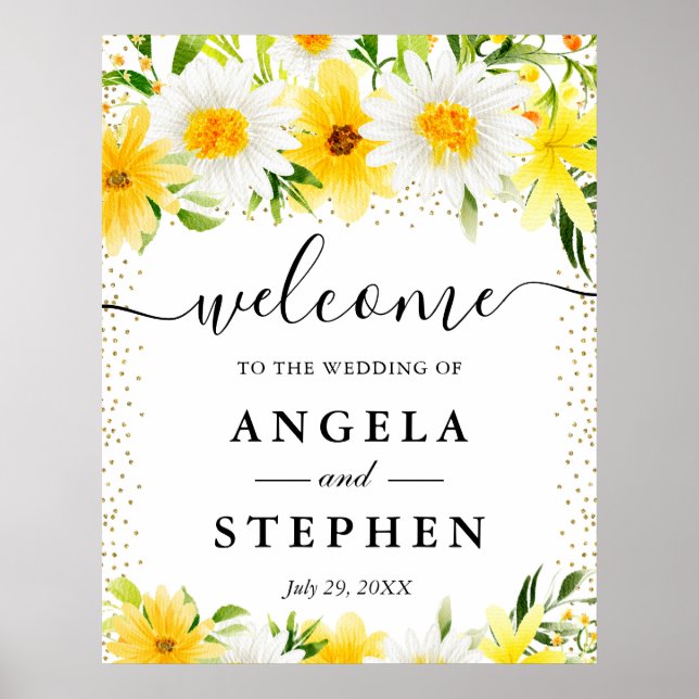 Póster Bodas de margaritas y flores amarillas Bienvenida (Frente)