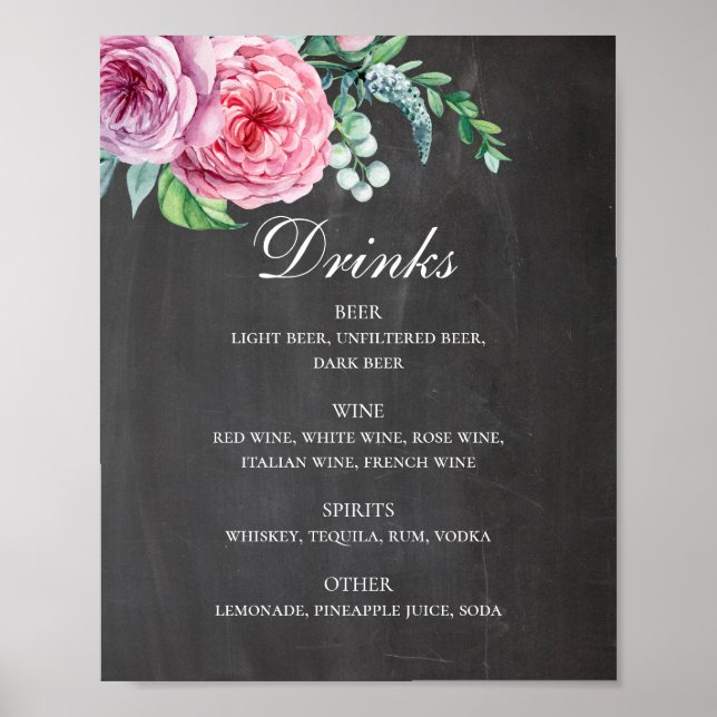 Póster Bodas de pizarra. Alcohol floral rosa (Frente)