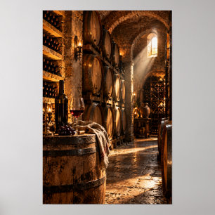 Póster Bodega de vino rústica con barriles de roble – Vin