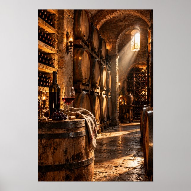 Póster Bodega de vino rústica con barriles de roble – Vin (Frente)