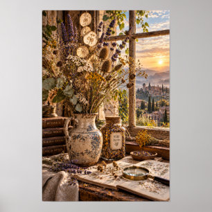 Póster Bodegón botánico de hierbas silvestres junto a la