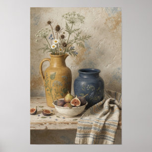 Póster Bodegón de higos con floreros de mostaza y azules