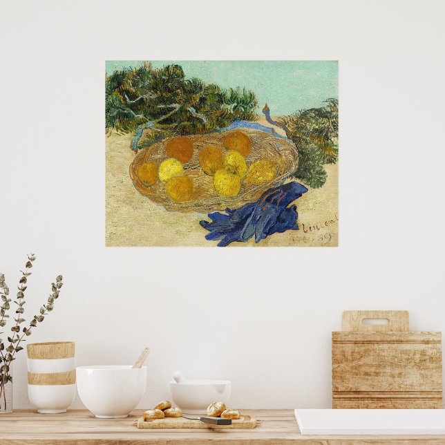 Póster Bodegón de naranjas limones guantes azules de Van  (Cocina)