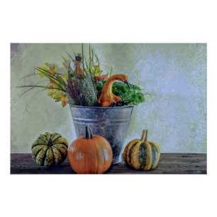 Póster Bodegón de otoño con calabazas, flores