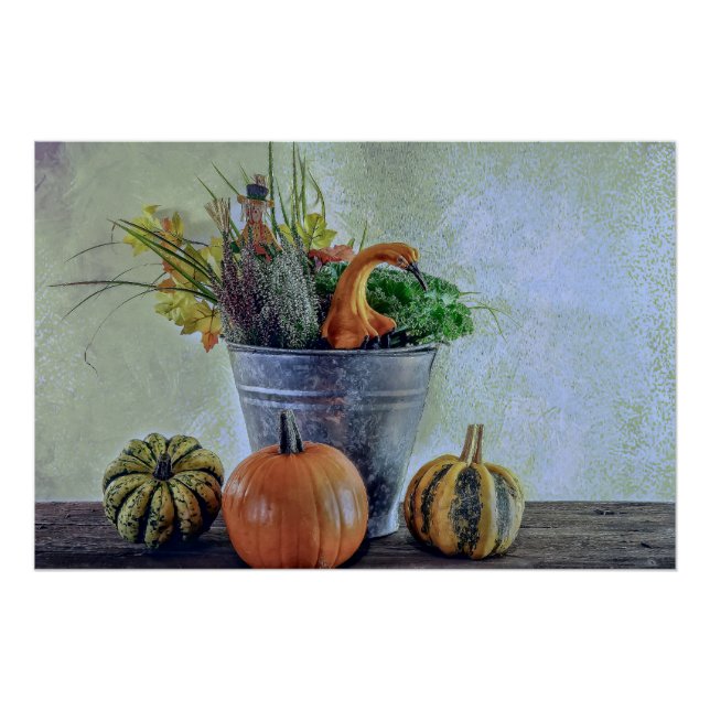 Póster Bodegón de otoño con calabazas, flores (Anverso)