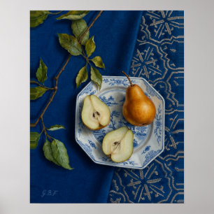 Póster Bodegón de pera Textil Azul Pintura al óleo