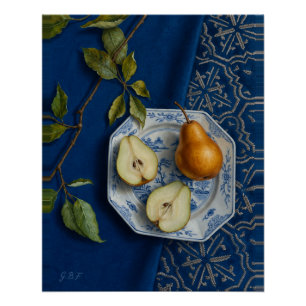Póster Bodegón de pera Textil Azul Pintura al óleo