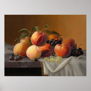 Póster Bodegón de pintura vintage de melocotones y uvas