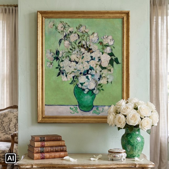 Póster Bodegón Rosas en un jarrón de Vincent van Gogh (Roses by Vincent van Gogh is a vintage fine art post impressionism still life floral painting.)