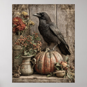 Póster Bodegón vintage de cuervo y calabaza