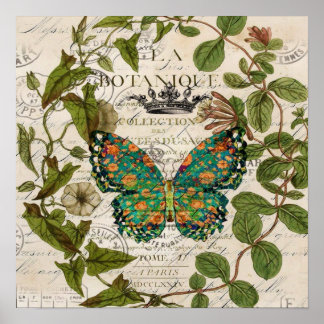 Póster bohemian scripts french botanical butterfly