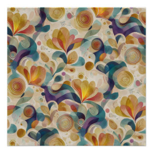 Póster Boho Abstracto Floral Remolino Aquarela Dorado Tur
