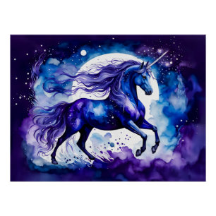 Póster Boho Acuarela Unicornio Azul Majestuoso Bajo Estre