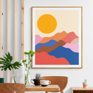 Póster Boho Aesthetic Abstract Landscape Mountains Blue