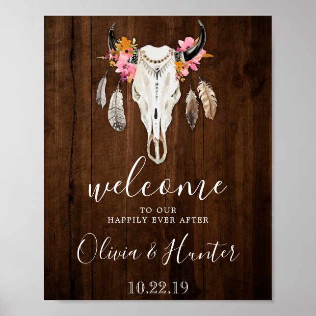 Póster Boho Antlers Calcula Boda De Bienvenida De Madera  (Frente)