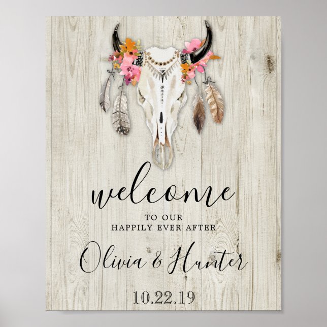 Póster Boho Antlers Skull Wood Welcome Boda (Frente)