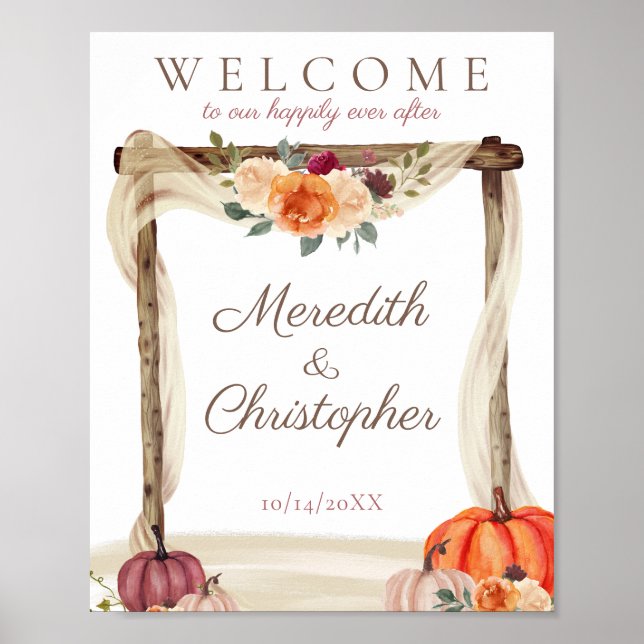 Póster Boho Arbor Fall Pumpkins Boda de bienvenida (Frente)
