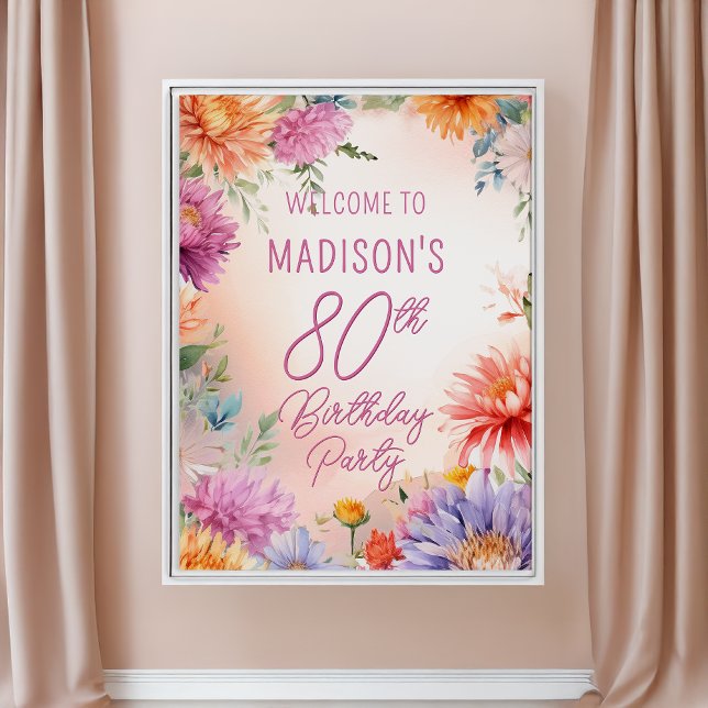 Póster Boho Aster Flowers Floral 80th Birthday Party (Boho Aster Flowers Floral 80th Birthday Party Poster -- Print | Digital Download)