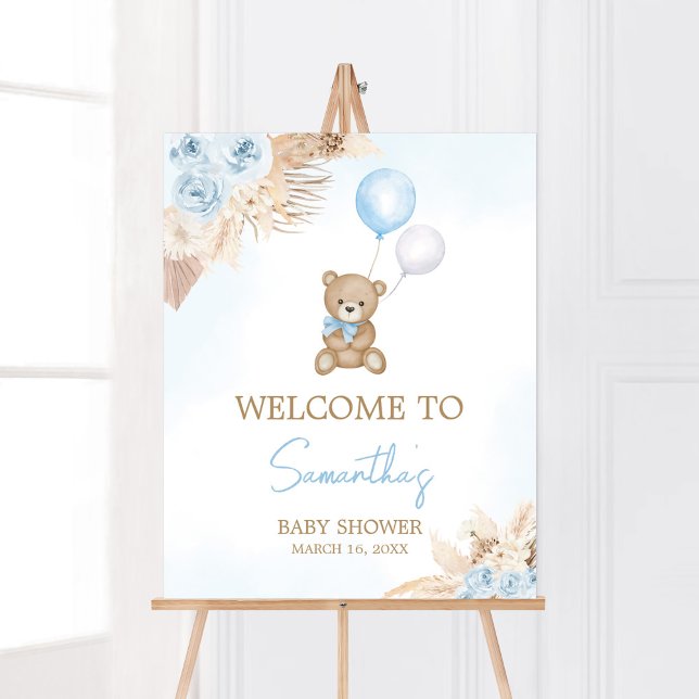 Póster Boho azul podemos esperar la bienvenida (Blue Pampas Grass Boho Bear Baby Shower Welcome Sign)