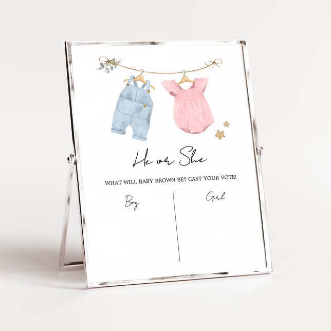 Póster Boho Baby Clothes Gender Reveal Sign (Boho Baby Clothesline Baby Shower Voting Sign)
