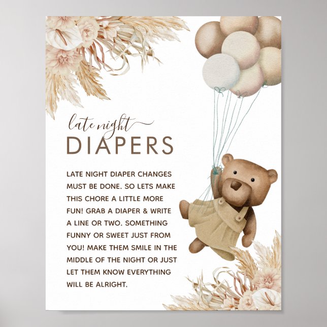 Póster Boho Bear Baby Shower 'Diaper nocturno' (Frente)