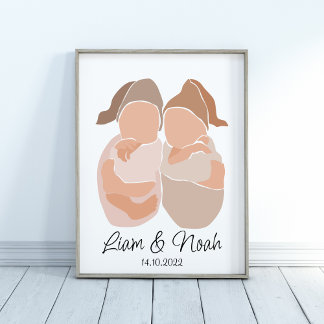 Póster Boho Bebé Twin Boys Nombre Poster de enfermería