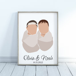 Póster Boho Bebés Gemelos Chica y niño Nombre Poster de e
