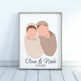 Póster Boho Bebés Gemelos Chica y niño Nombre Poster de e
