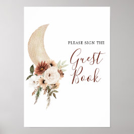 Póster Boho Beige Floral Moon Baby Shower Guest Book