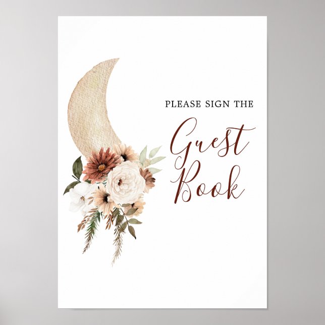 Póster Boho Beige Floral Moon Baby Shower Guest Book (Frente)