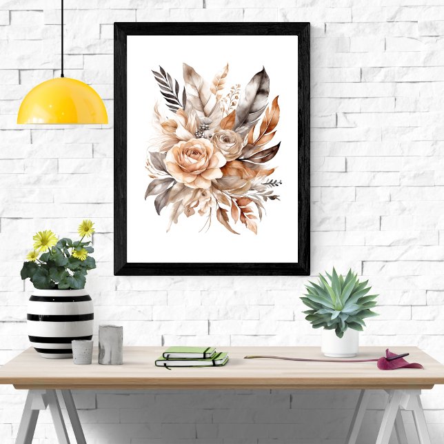Póster Boho Beige Gris Floral Botánico Plumas  (Boho Floral Feathers Botanicals Beige Gray Neutral Colors Wall Art poster)