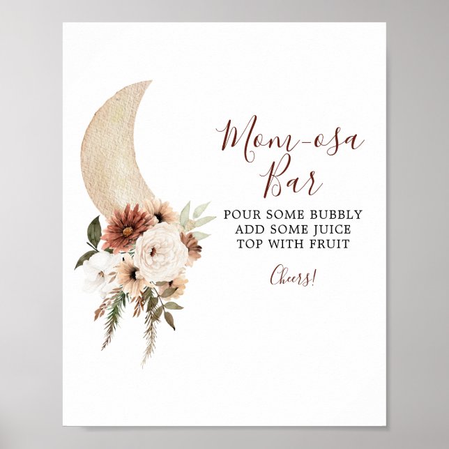 Póster Boho Beige Moon Floral Baby Shower Mom-osa Bar (Frente)