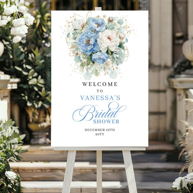 Póster Boho Bienvenida a la Ducha de Novia Floral Azul Cl (Boho Light Blue Floral Bridal Shower Welcome)