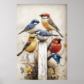 Póster Boho Birds On Fence Print, Bird Rustic Nursery