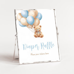 Póster Boho Blue Balloon Bear Baby Shower Diaper Raffle
