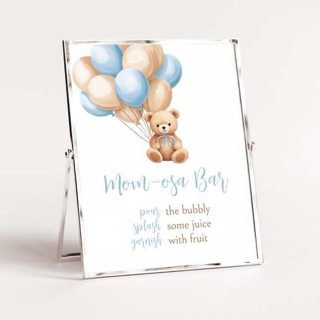 Póster Boho Blue Balloon Bear Baby Shower Mom Osa Bar (We Can Bearly Wait Boy Baby Shower Mom Osa Bar Sign)